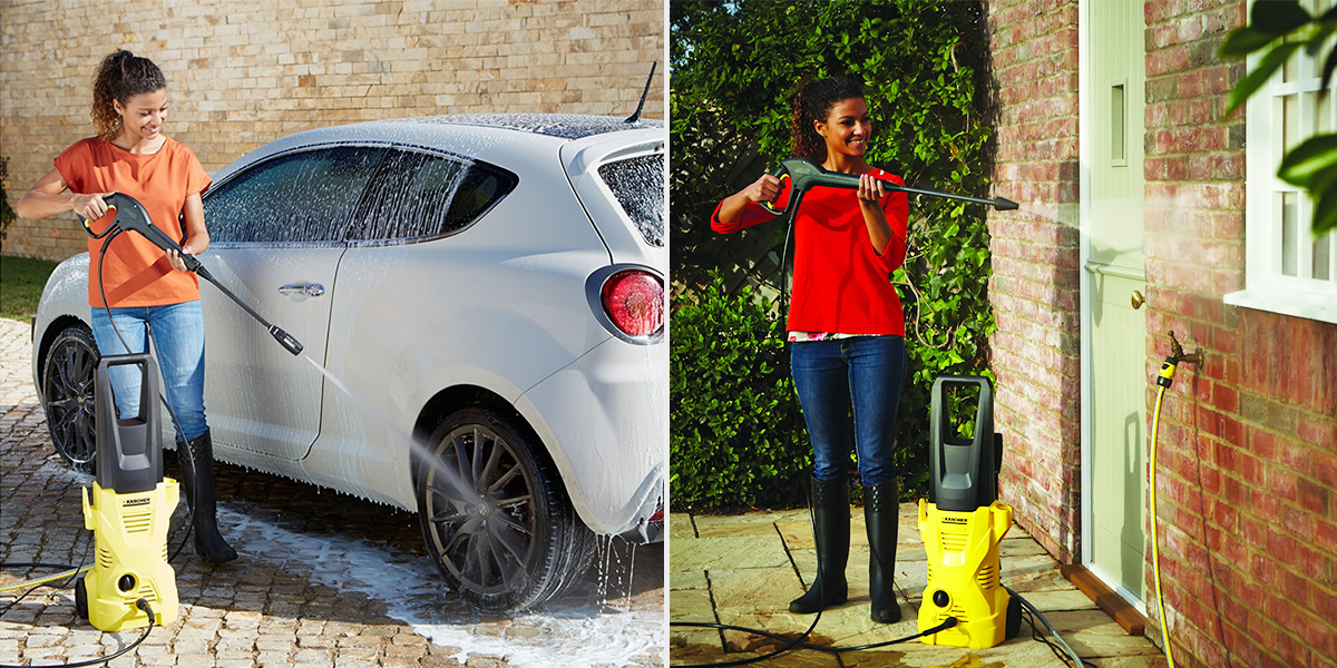 Myjka wysokociśnieniowa K 2 firmy Karcher. Myjka wysokociśnieniowa K 2 firmy Karcher. Kolaż zdjęć. Kobieta myjąca samochód. Kobieta myjąca fasadę domu jednorodzinnego.