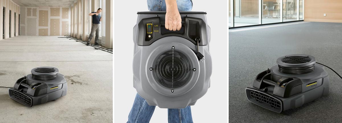 Profesjonalna dmuchawa do osuszania AB 20 firmy Karcher Profesjonalna dmuchawa do osuszania AB 20 firmy Karcher. Kolaż 3 zdjęć. Pierwsze to AB 20 osuszające pomieszczenie biurowe podczas remontu. Drugie to widok AB 20 niesionego przez mężczyznę. Trzecie to AB 20 osuszające pomieszczenie biuro z założoną wykładziną i wykończonymi ścianami.