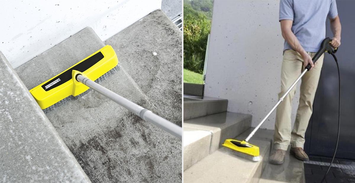 Szczotka PS 40 do K 2 - K 7, PS 40 Szczotka Power firmy Karcher Szczotka PS 40 do K 2 - K 7, PS 40 Szczotka Power firmy Karcher. Kolaż zdjęć. Na obu zdjęciach pokazane jest czyszczenie schodów przy użyciu szczotki PS 40 firmy Karcher.