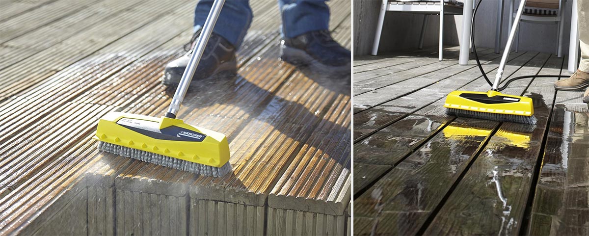 Szczotka PS 40 do K 2 - K 7, PS 40 Szczotka Power firmy Karcher Szczotka PS 40 do K 2 - K 7, PS 40 Szczotka Power firmy Karcher. Kolaż zdjęć. Czyszczenie tarasu drewnianego przy użyciu szczotki PS 40 firmy Karcher
