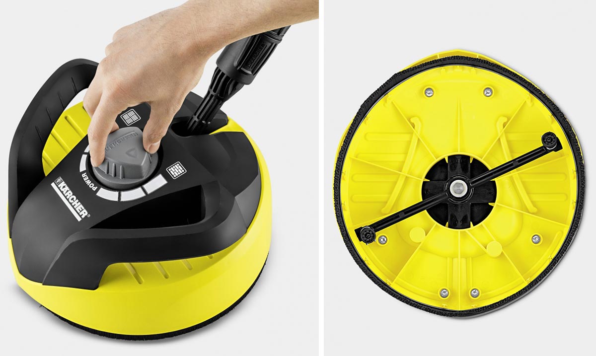 Przystawka do czyszczenia powierzchni płaskich T-Racer T 350 firmy Karcher Przystawka do czyszczenia powierzchni płaskich T-Racer T 350 firmy Karcher. Kolaż zdjęć. Na zdjęcia pokazane jest pokrętło do regulowania siły strumienia wody umieszczone na obudowie T-Racera. Na zdjęciu pokazane jest obrotowe śmigło wraz z dyszami.