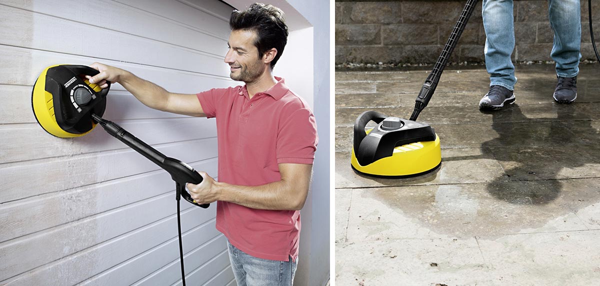 Przystawka do czyszczenia powierzchni płaskich T-Racer T 350 firmy Karcher Przystawka do czyszczenia powierzchni płaskich T-Racer T 350 firmy Karcher. Kolaż zdjęć. Mężczyzna myje bramę garażową. Mycie chodnika przy pomocy T-racer T 350 firmy Karcher.