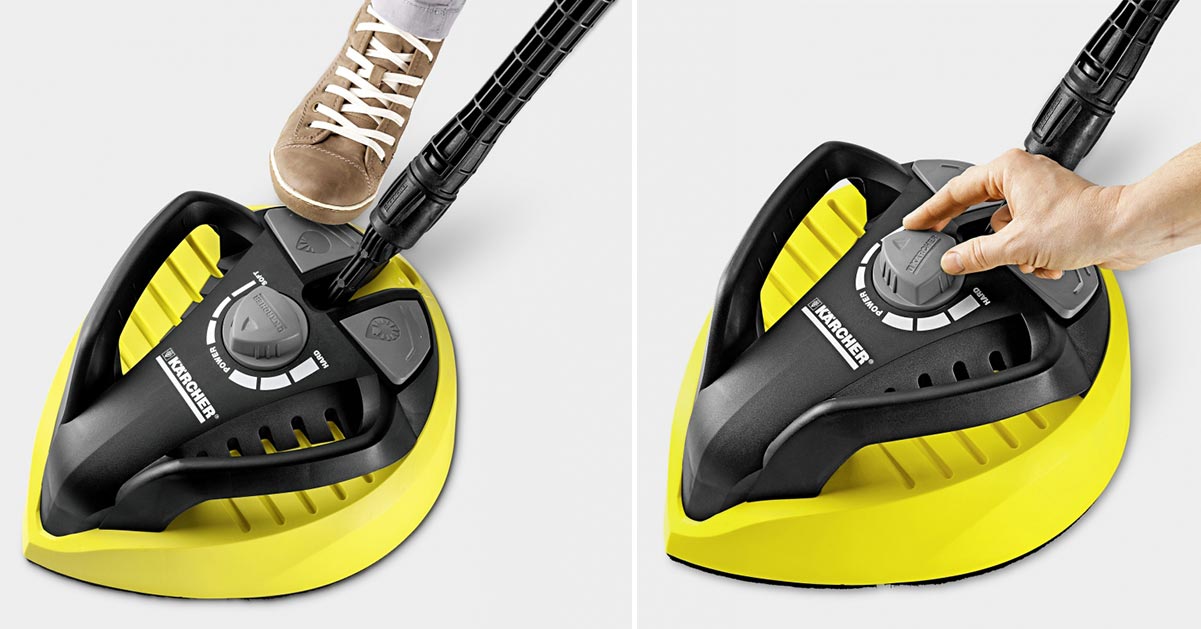 Przystawka do czyszczenia powierzchni płaskich T-Racer T 450 firmy Karcher Przystawka do czyszczenia powierzchni płaskich T-Racer T 450 firmy Karcher. Kolaż zdjęć. Przedstawione funkcje T 450. Możliwość obsługi przy pomocy stopy. Funkcja regulowania mocy dyszy znajdująca się na obudowie T-Racer T 450.