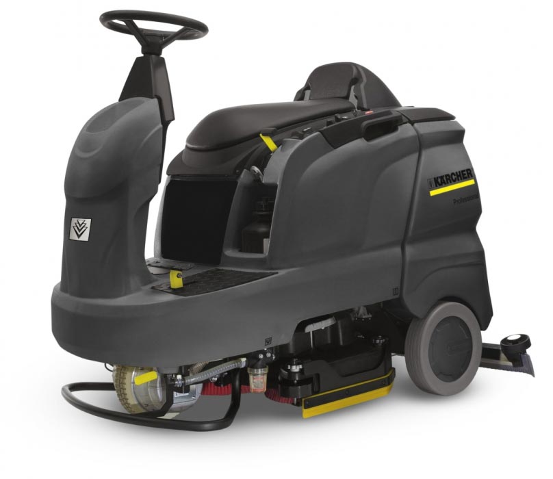 Profesjonalne, automatyczne urządzenie do szorowania z fotelem dla operatora B 90 R Adv Dose Bp firmy Karcher. Profesjonalne, automatyczne urządzenie do szorowania z fotelem dla operatora B 90 R Adv Dose Bp firmy Karcher. Prezentowane w pozycji stojącej.