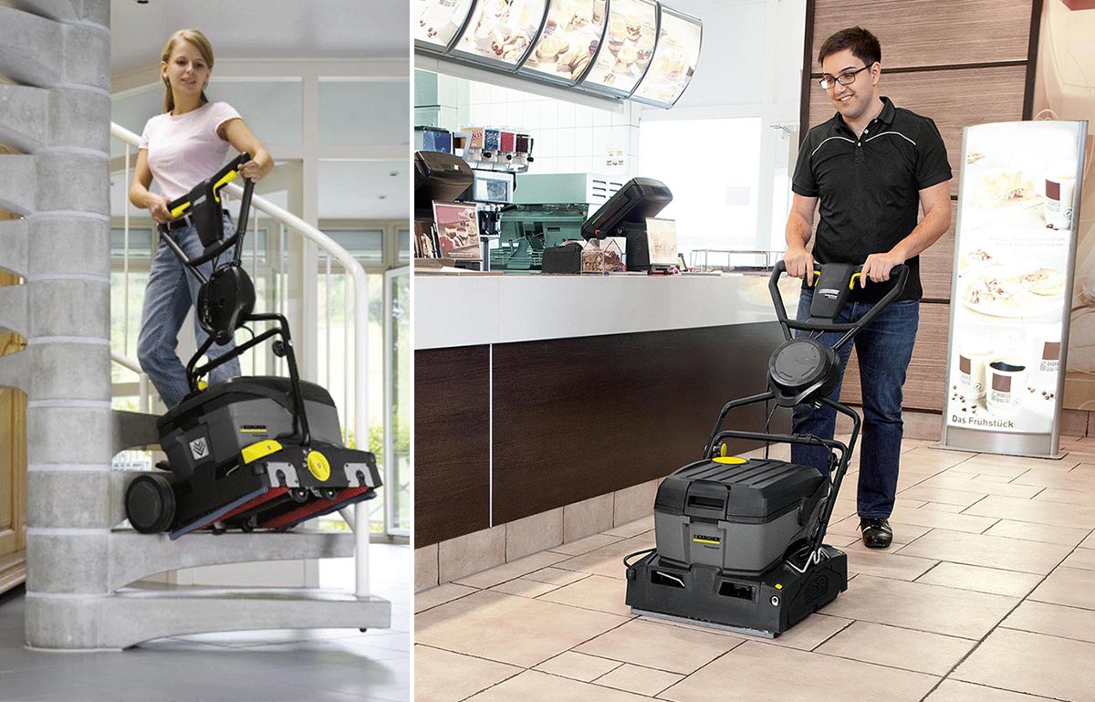 Profesjonalna szorowarka kompaktowa BR 40/10 C Adv + MF firmy Karcher Profesjonalne, kompaktowe urządzenie do czyszczenia BR 40/10 C Adv + MF firmy Karcher. Kolaż zdjęć. Kobieta wnosi po schodach szorowarkę BR 40/10 C Adv + MF. Mężczyzna czyści posadzkę w lokalu typu fast food przy pomocy BR 40/10 C Adv + MF firmy Karcher.