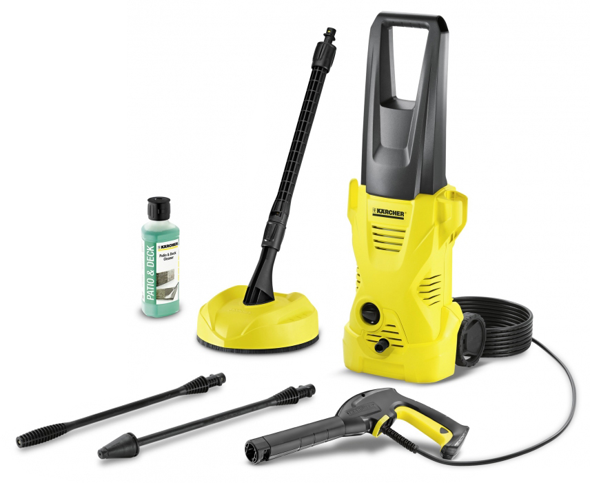 Myjka wysokociśnieniowa K 2 Home firmy Karcher prezentowana w pozycji stojącej wraz z wyposażeniem. Myjka wysokociśnieniowa K 2 Home firmy Karcher prezentowana w pozycji stojącej wraz z wyposażeniem.