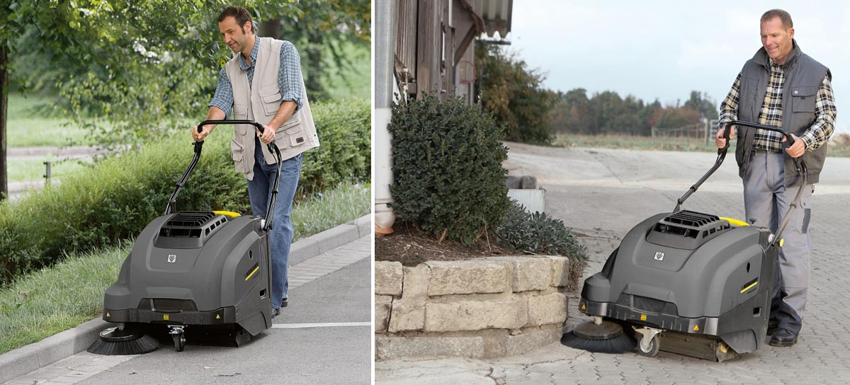 Profesjonalna, zamiatarka ręczna KM 75/40 W G firmy Karcher z silnikiem spalinowanym (benzyna). Profesjonalna, zamiatarka ręczna KM 75/40 W G firmy Karcher z silnikiem spalinowanym (benzyna). Mężczyźni podczas prac porządkowych przy pomocy zamiatarki profesjonalnej KM 75/40 W G produkowanej przez firmę Karcher.