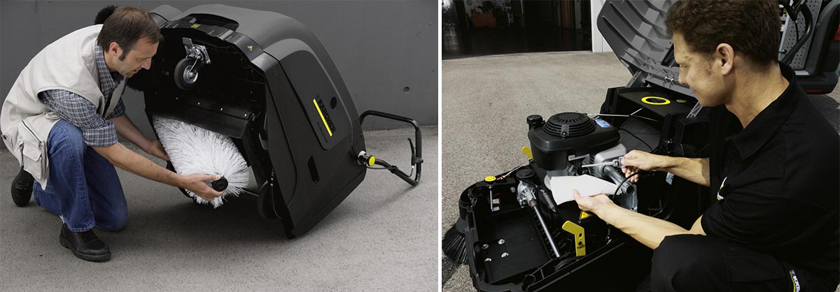 Profesjonalna, zamiatarka ręczna KM 75/40 W G firmy Karcher z silnikiem spalinowanym (benzyna). Profesjonalna, zamiatarka ręczna KM 75/40 W G firmy Karcher z silnikiem spalinowanym (benzyna). Mężczyźni podczas naprawy / serwisowania zamiatarki profesjonalnej KM 75/40 W G produkowanej przez firmę Karcher.