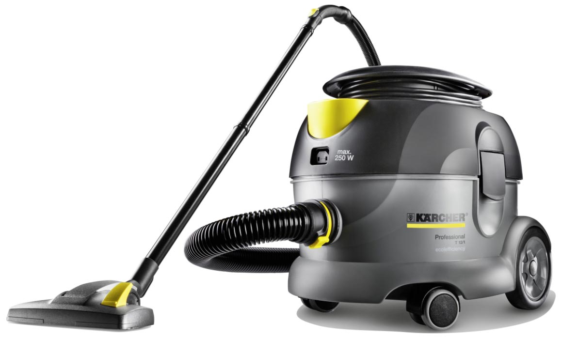 Profesjonalny odkurzacz jednofunkcyjny T 12/1 eco!efficiency firmy Karcher Profesjonalny odkurzacz jednofunkcyjny T 12/1 eco!efficiency firmy Karcher. Prezentowany w pozycji stojącej.