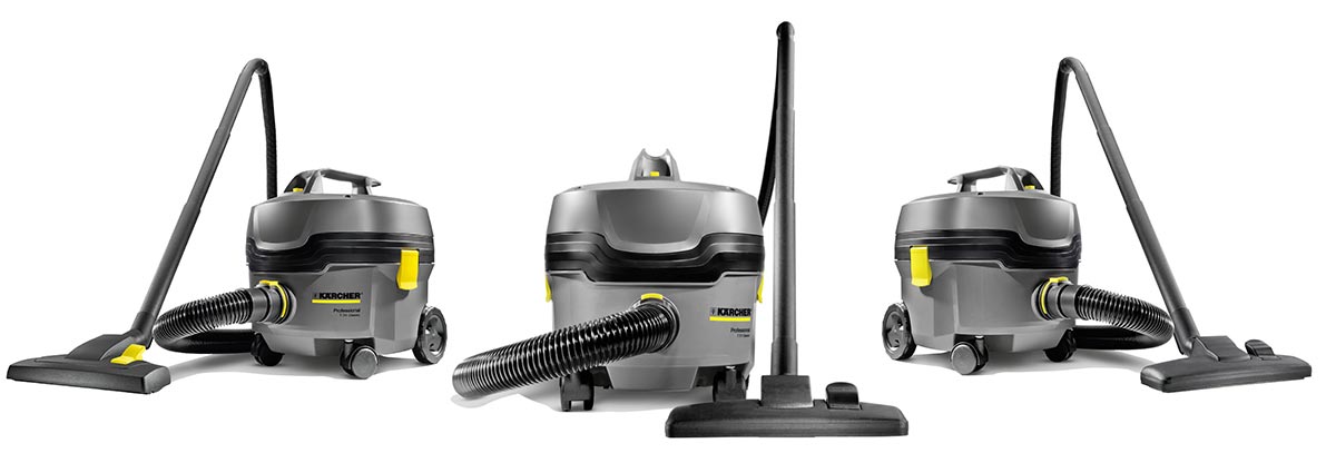 Profesjonalny odkurzacz jednofunkcyjny T 7/1 Classic firmy Karcher Profesjonalny odkurzacz jednofunkcyjny T 7/1 Classic firmy Karcher. Odkurzacz pokazany z trzech stron: lewej, prawej i od przodu.
