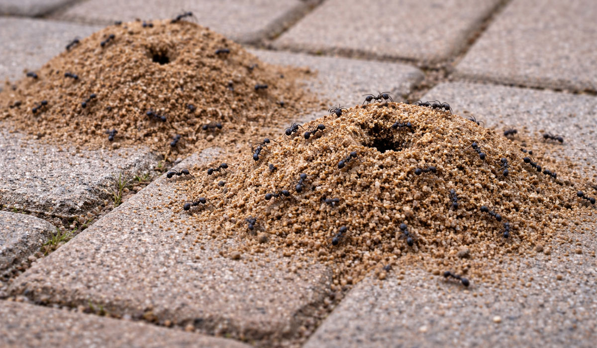 gniazdko mrówek na kostce brukowej